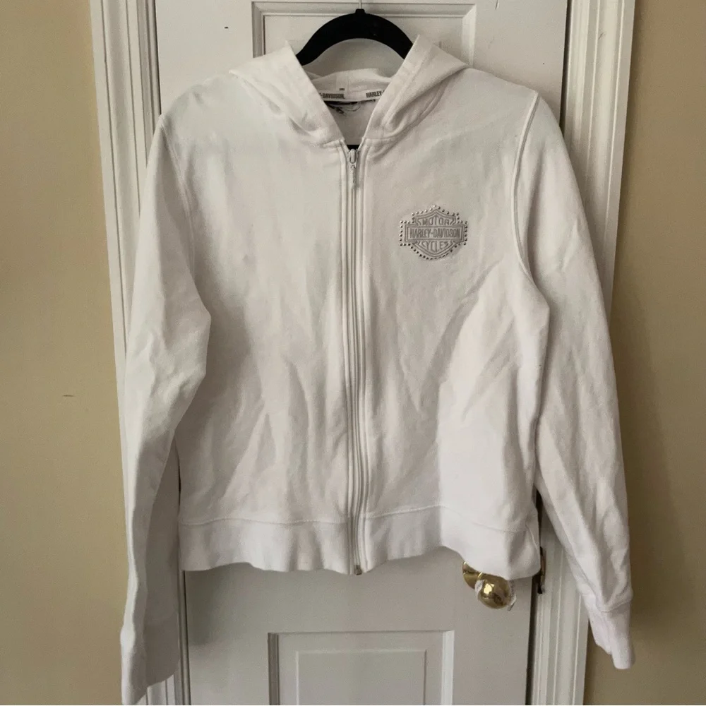 Harley Davidson Embroidered Flames Logo Studded Bling Hoodie in White - Picture 3 of 6